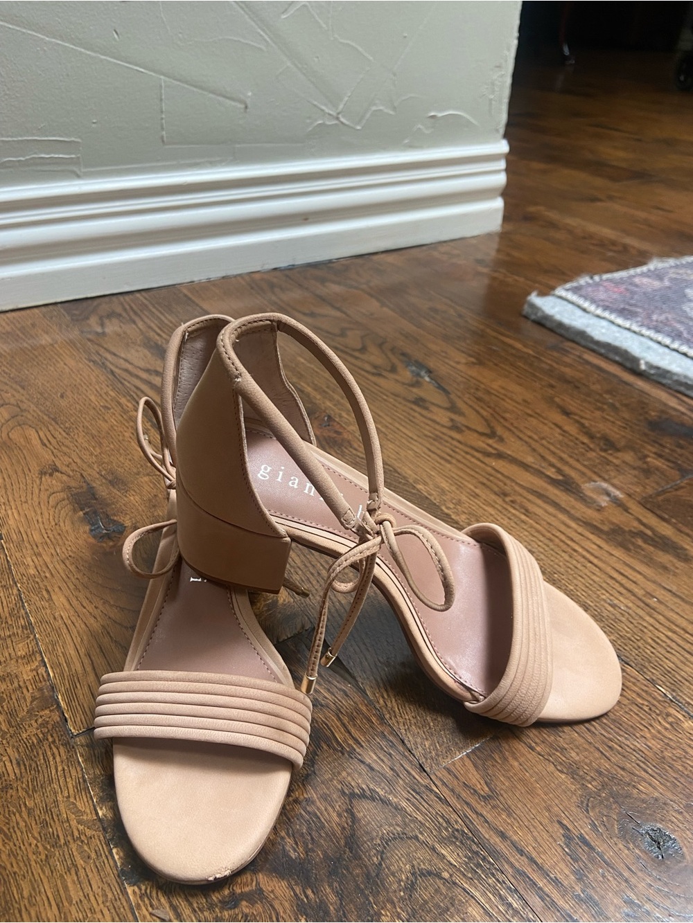 Gianni Bini Nude Tan Strappy Block Heels with Ankle Wrap